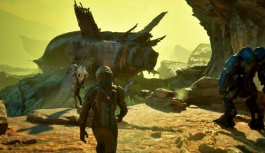 A man in a space suit walks out on a yellow planet.