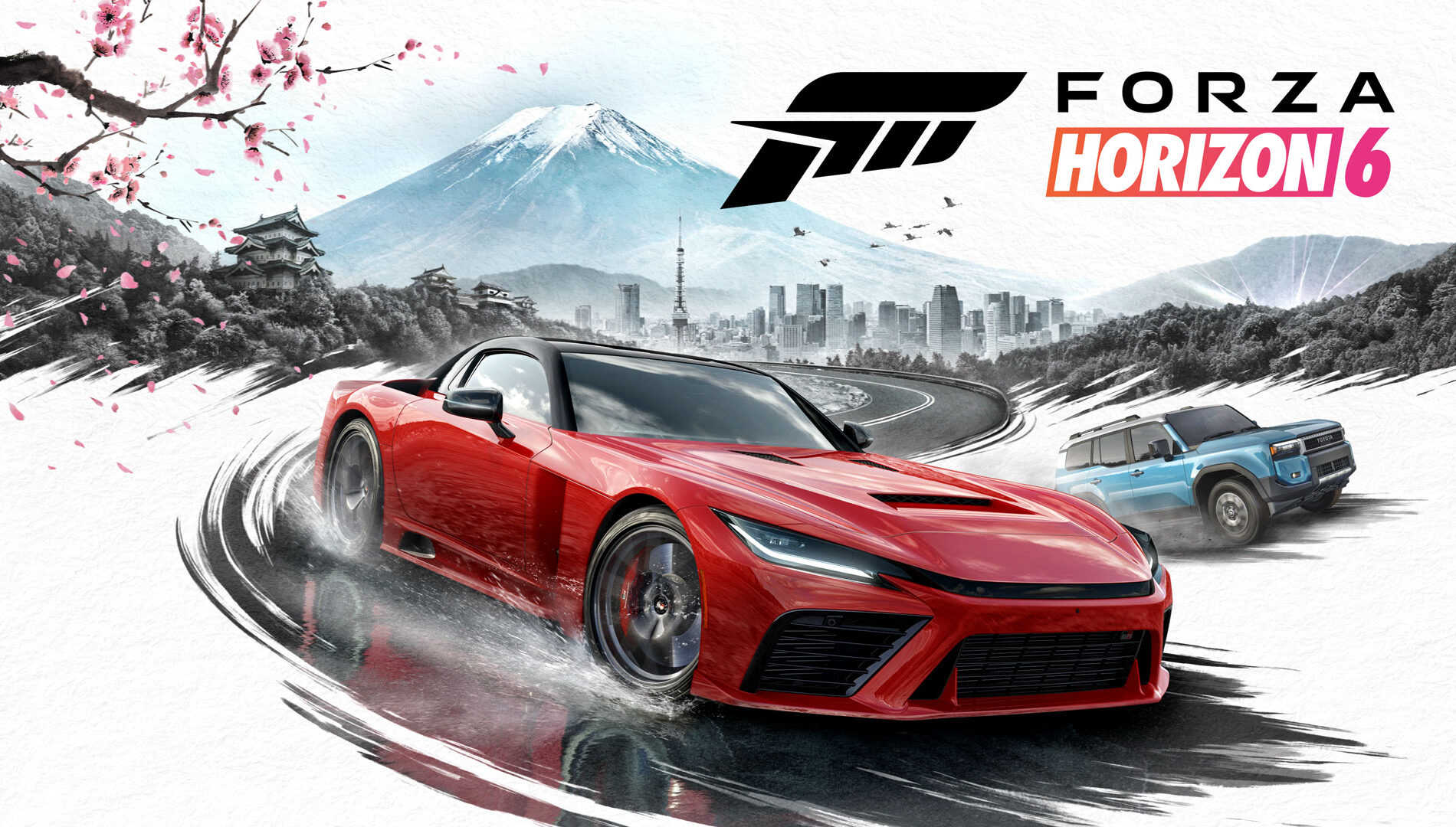 Forza Horizon 6 key art featuring a red sports car drifting on a winding road with water spray, a blue SUV driving behind it, and a stylized Japanese-inspired backdrop with Mount Fuji, cherry blossoms, castles, and a modern city skyline. The Forza and Forza Horizon 6 logos appear in the upper right.