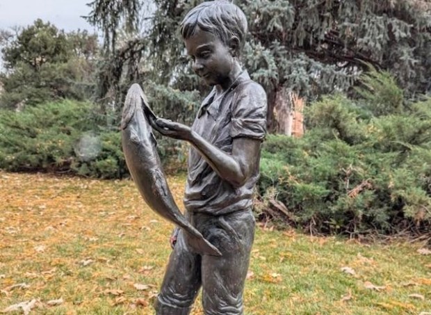 This bronze statue was stolen from Glenmere Park in Greeley on Tuesday, May 12, 2026. Only the base of the statue was left. (Courtesy of Greeley Police Department)