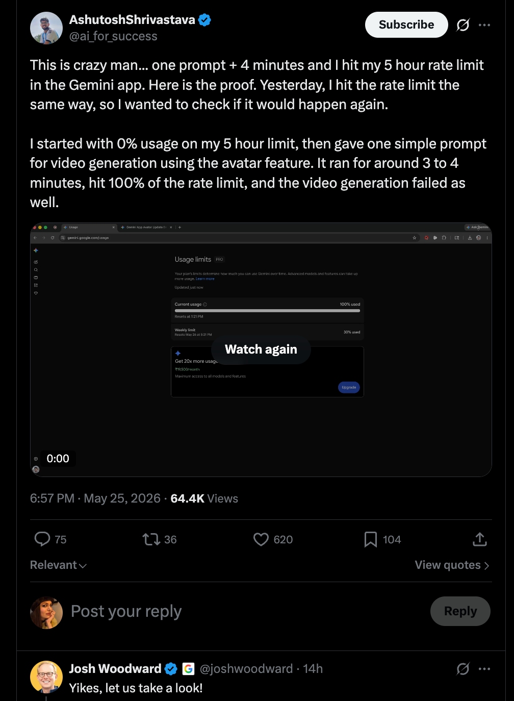 Gemini usage limit hit with single prompt
