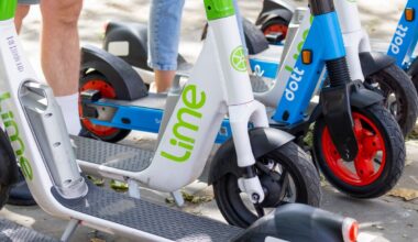 A row of e-scooters