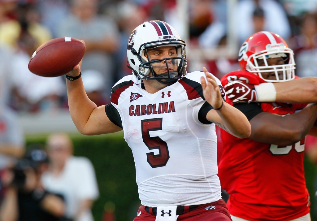 Stephen Garcia #5 of the South Carolina Gamecocks looks to pass against the Georgia Bulldogs at Sanford Stadium on September 10, 2011 in Athens, Georgia. 