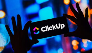 ClickUp logo on a smartphone