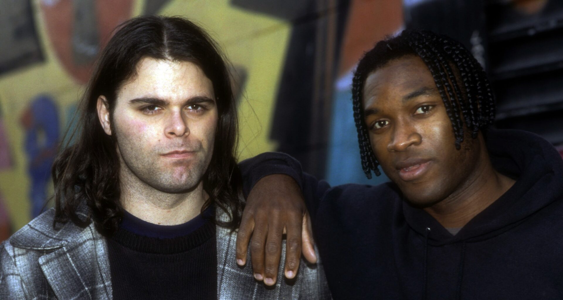 NEW YORK, NEW YORK--MARCH 10: Musician Scott Lucas and drummer Joe Daniels of the band Local H appear in a portrait taken on March 10, 1996 in New York City. (Photo by Al Pereira/Michael Ochs Archives/Getty Images)