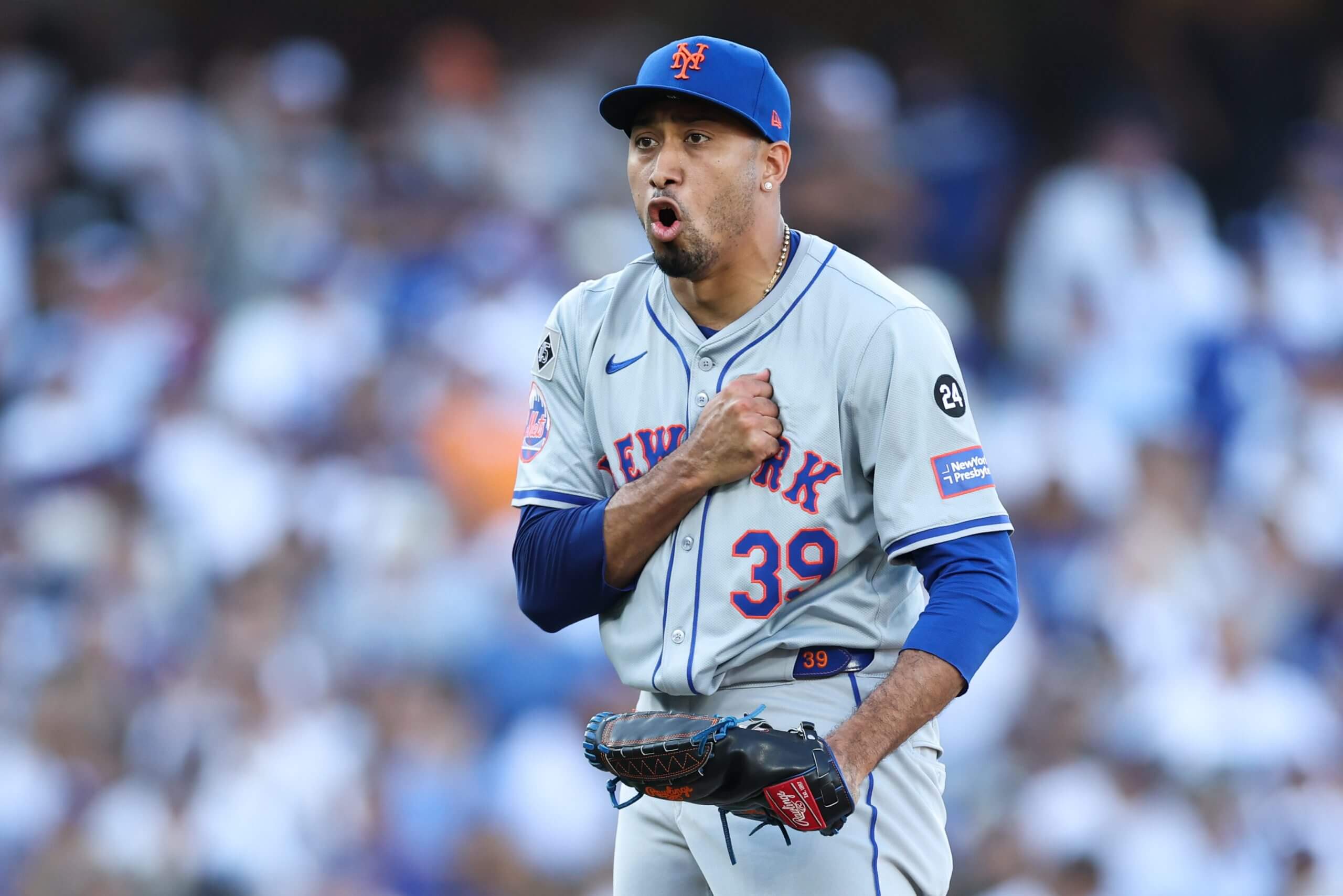Edwin Diaz celebrates on the mound while with Mets.