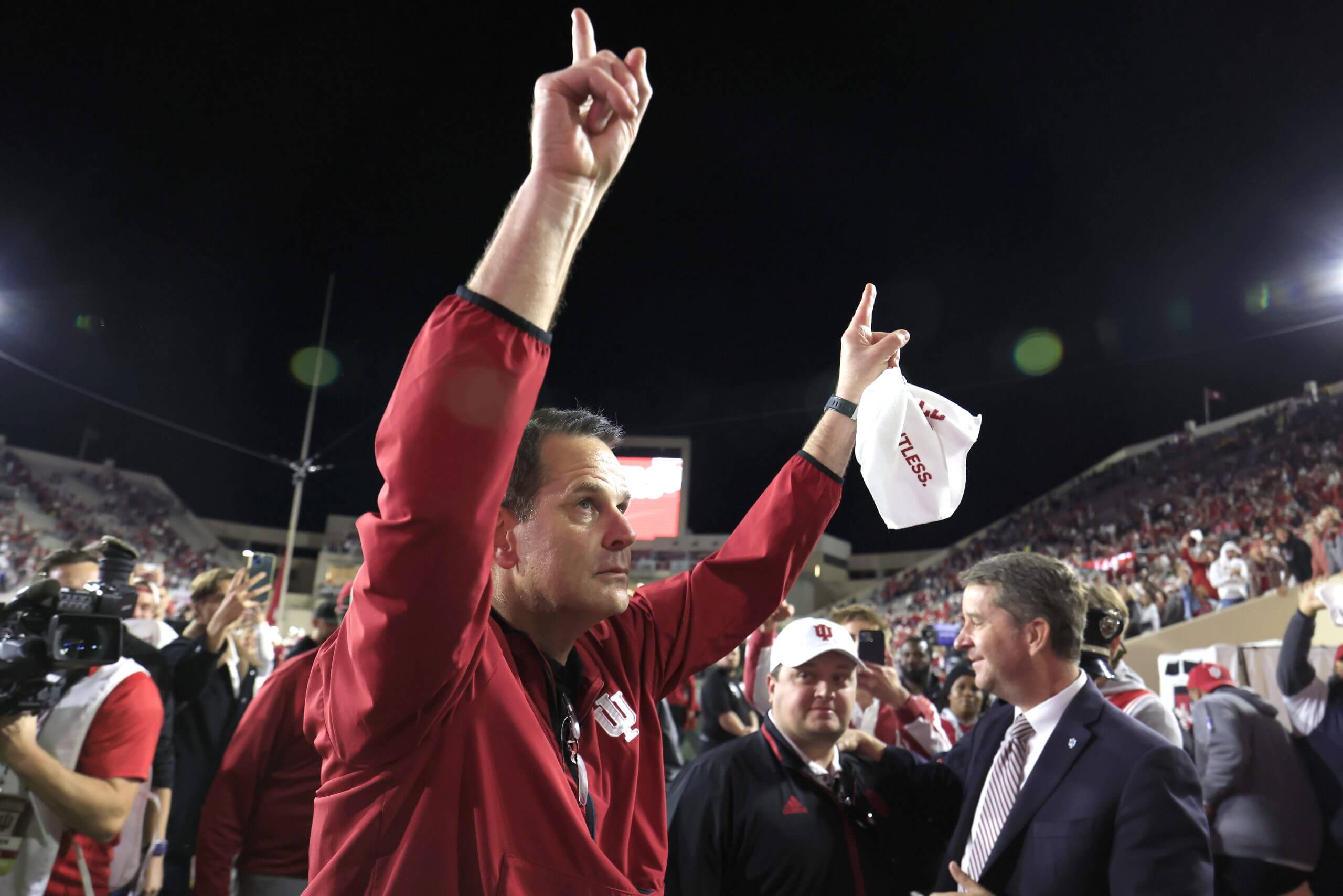 Curt Cignetti points two fingers to the sky. 