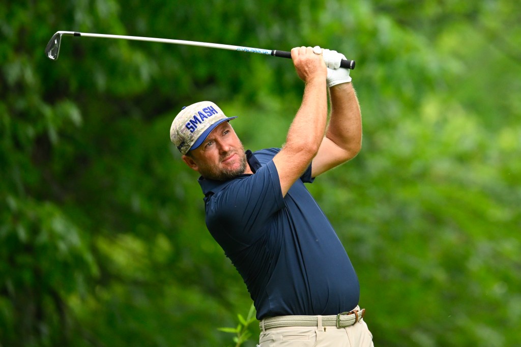 Graeme McDowell of Smash GC tees off at the ninth hole on day three of LIV Golf Virginia at Robert Trent Jones Golf Club on June 08, 2025 in Gainesville, Virginia.