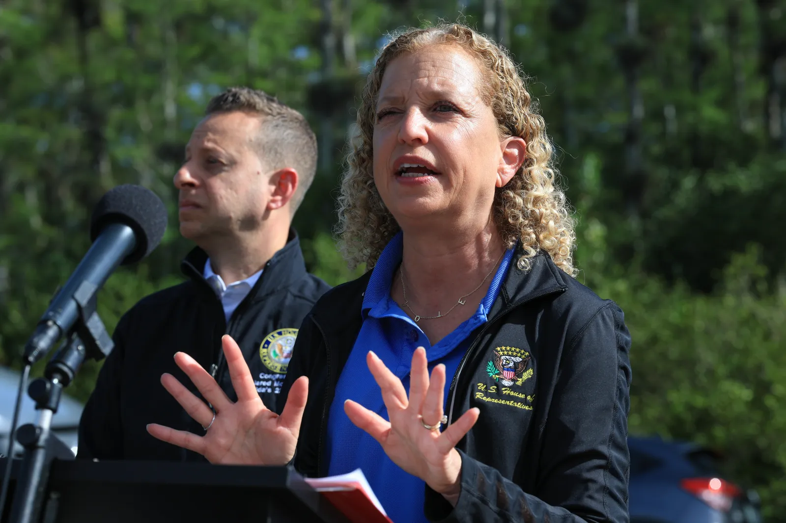 Democratic U.S. Representatives Jared Moskowitz, left, and Debbie Wasserman Schultz are pictured on July 12, 2025, in Ochopee, Florida. (Photo by Joe Raedle/Getty Images)