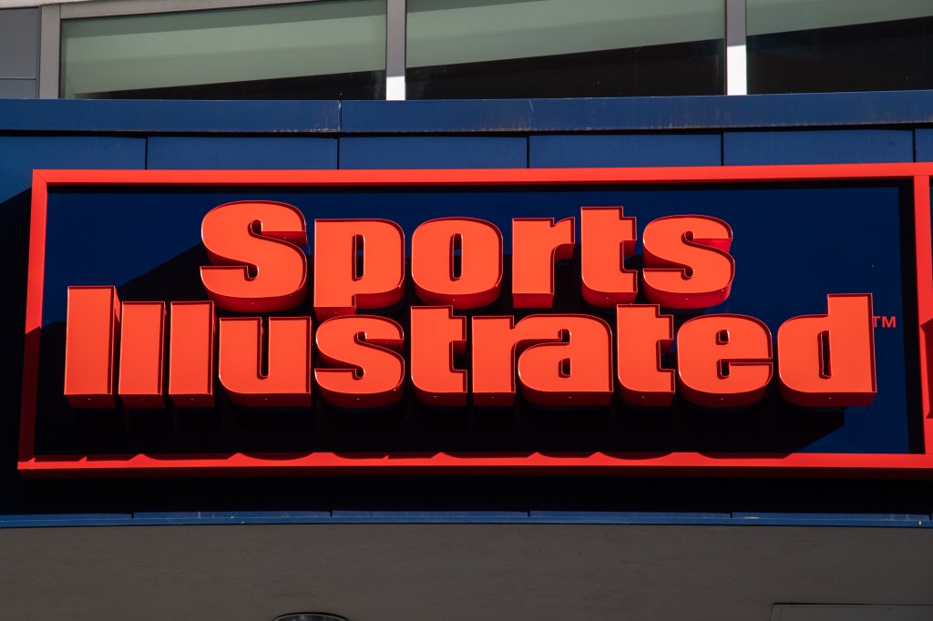 A close up view of the Sports Illustrated logo on July 12, 2025, outside Gillette Stadium