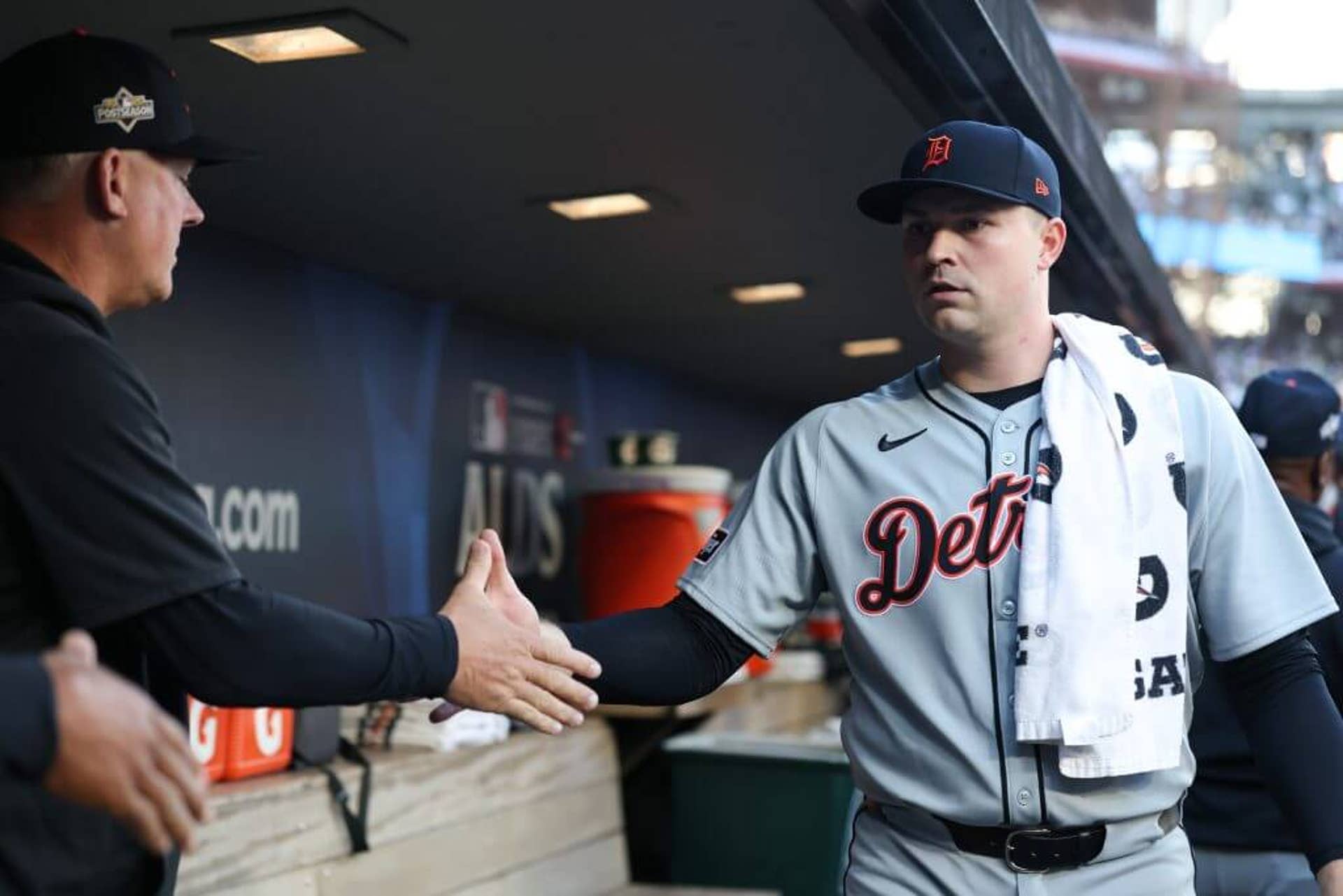 Manager A.J. Hinch #14 and Tarik Skubal #29 of the Detroit Tigers shake hands prior to playing the Seattle Mariners in game two of the Division Series at T-Mobile Park on October 05, 2025 in Seattle, Washington.