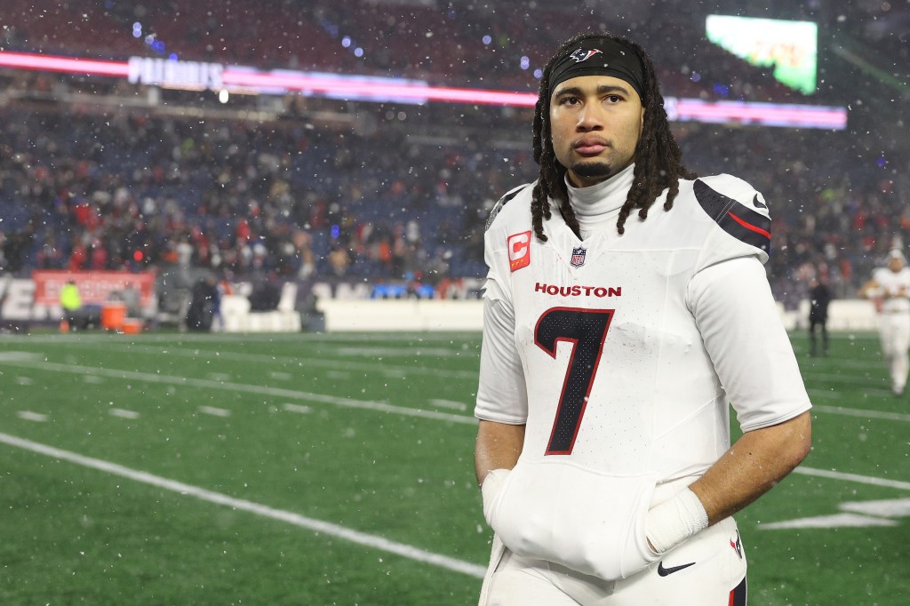 C.J. Stroud #7 of the Houston Texans reacts after a 28-16 loss against the New England Patriots in the AFC Divisional Playoff game at Gillette Stadium on January 18, 2026 in Foxborough, Massachusetts. 