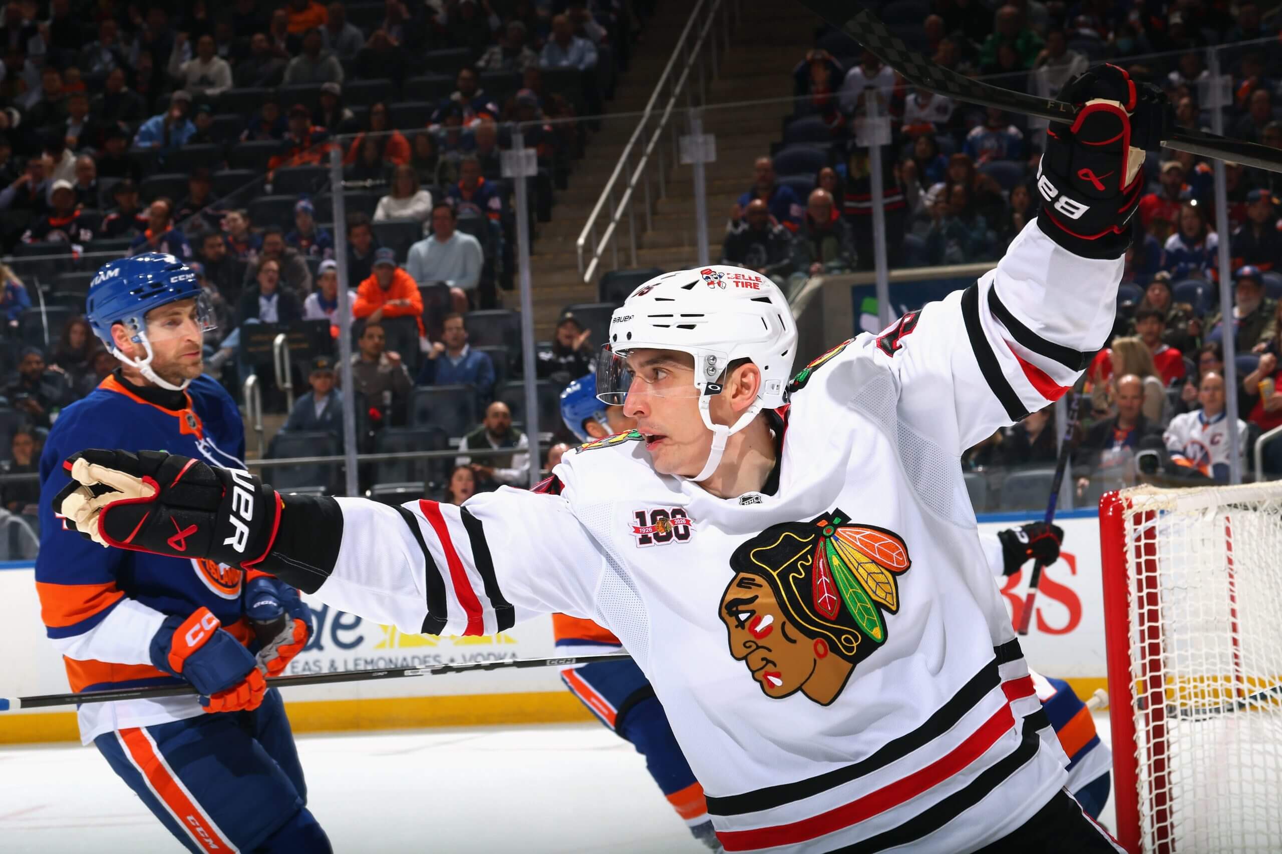 llya Mikheyev celebrates a goal during a Blackhawks game.