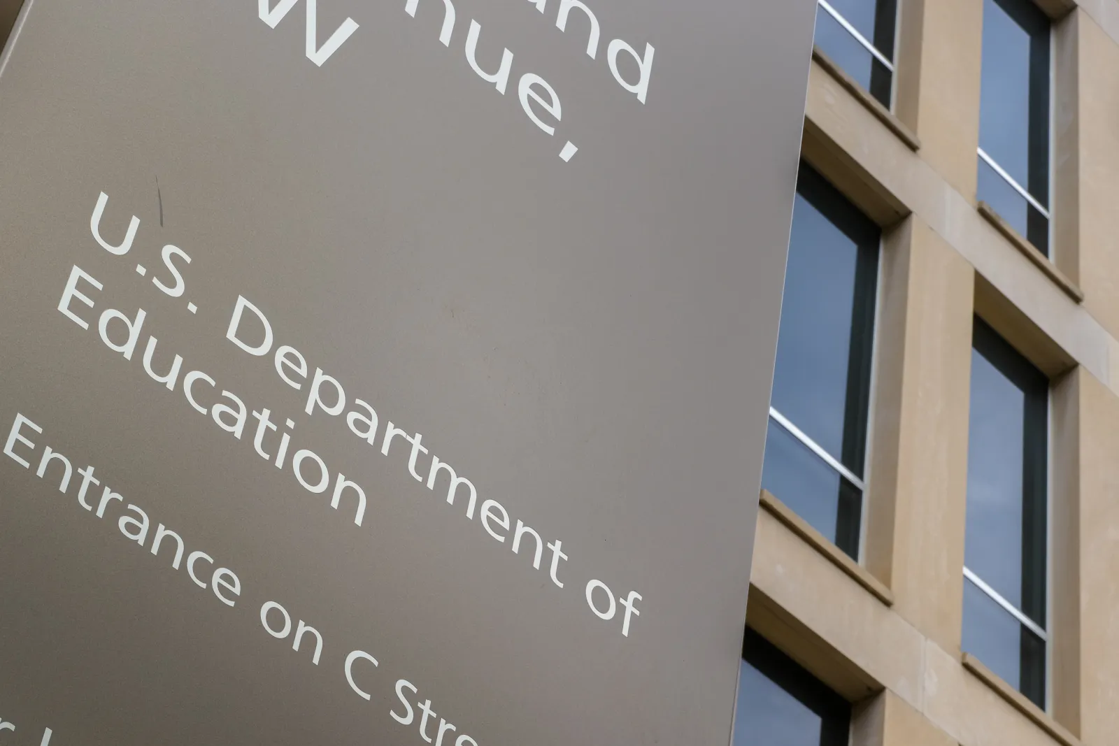 WASHINGTON, DC - MARCH 30: A sign marks the location of the U.S. Department of Education headquarters building on March 30, 2026, in Washington, DC. (Photo by J. David Ake/Getty Images)