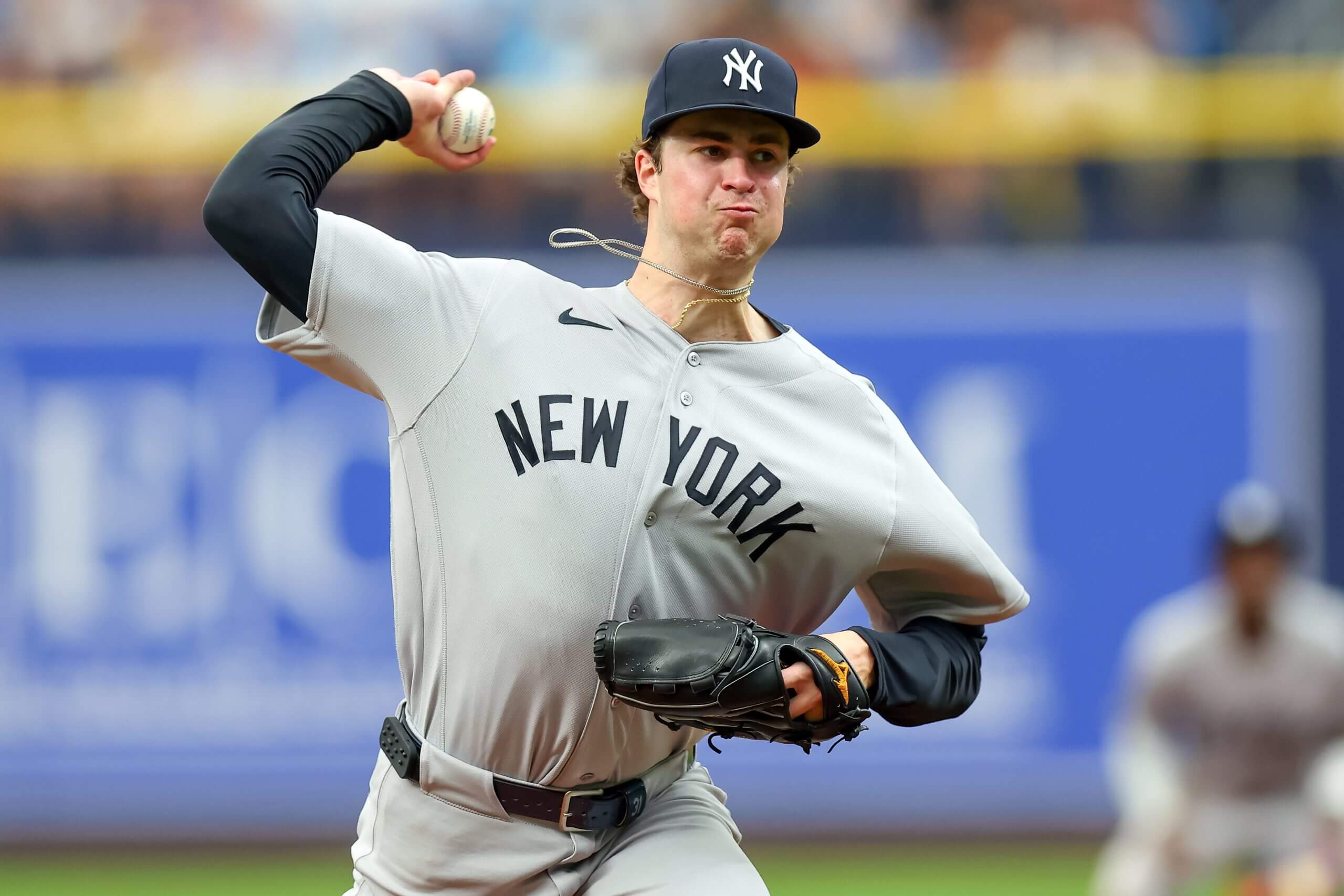 Cam Schlittler #31 of the New York Yankees throws against the Tampa Bay Rays during the fourth inning of a baseball game at Tropicana Field on April 12, 2026 in St. Petersburg, Florida.