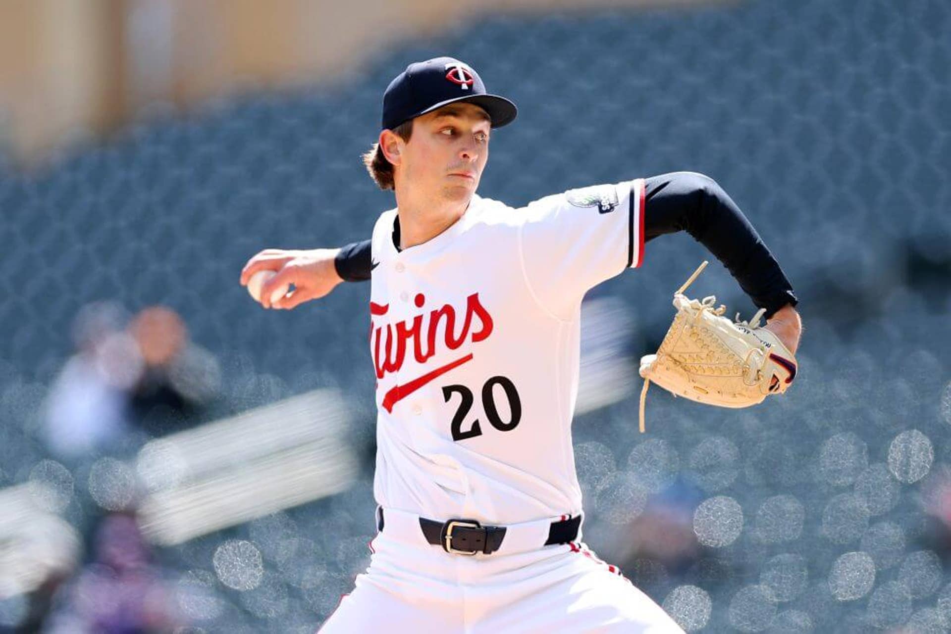 Mick Abel pitches for the Twins in April