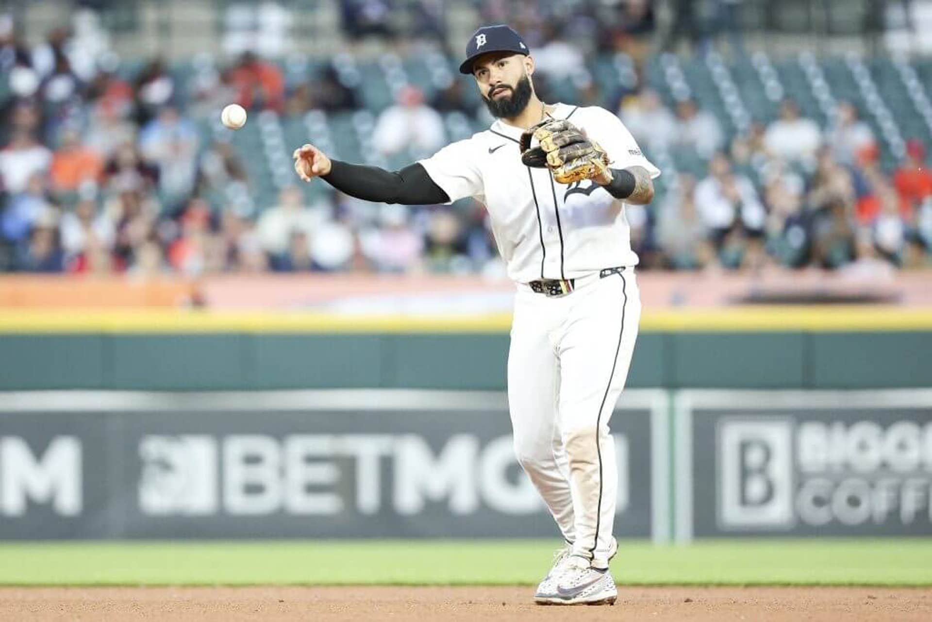 Gleyber Torres of the Detroit Tigers throws to first base for an out against the Milwaukee Brewers.