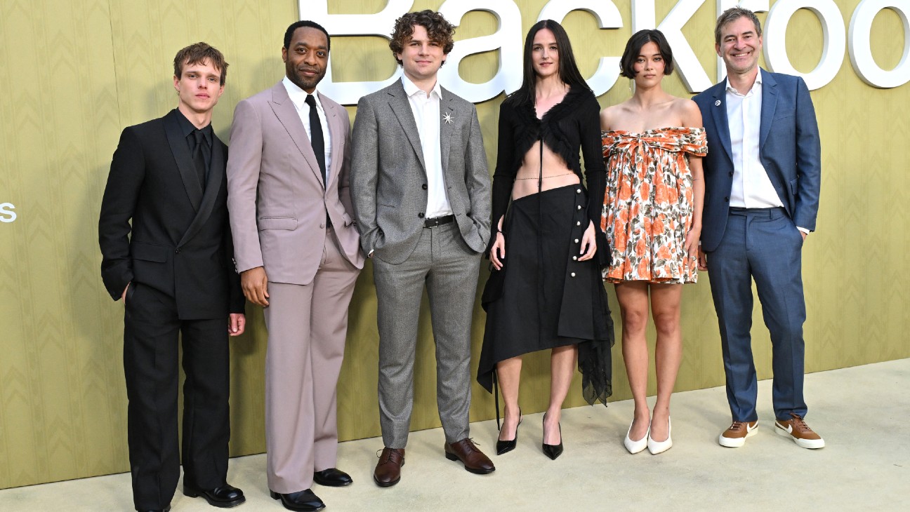 Finn Bennett, Chiwetel Ejiofor, Kane Parsons, Renate Reinsve, Lukita Maxwell and Mark Duplass attend an event for 'Backrooms'