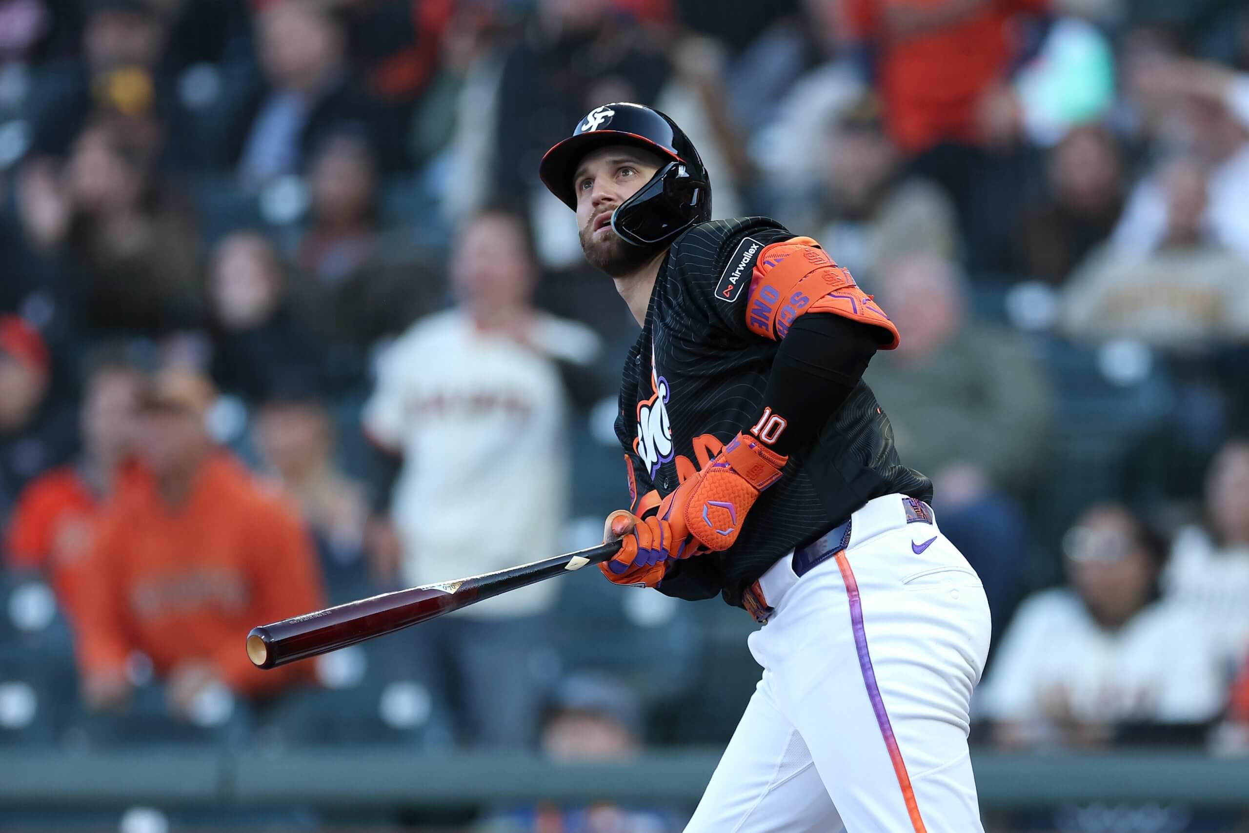 Casey Schmitt #10 of the San Francisco Giants hits a two-run home run against the San Diego Padres in the first inning at Oracle Park on May 05, 2026 in San Francisco, California.