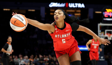 MINNEAPOLIS, MINNESOTA - MAY 09: Angel Reese #5 of the Atlanta Dream reaches for an errant ball during the first quarter against the Minnesota Lynx at Target Center on May 09, 2026 in Minneapolis, Minnesota. NOTE TO USER: User expressly acknowledges and agrees that, by downloading and or using this photograph, User is consenting to the terms and conditions of the Getty Images License Agreement. (Photo by Ellen Schmidt/Getty Images)