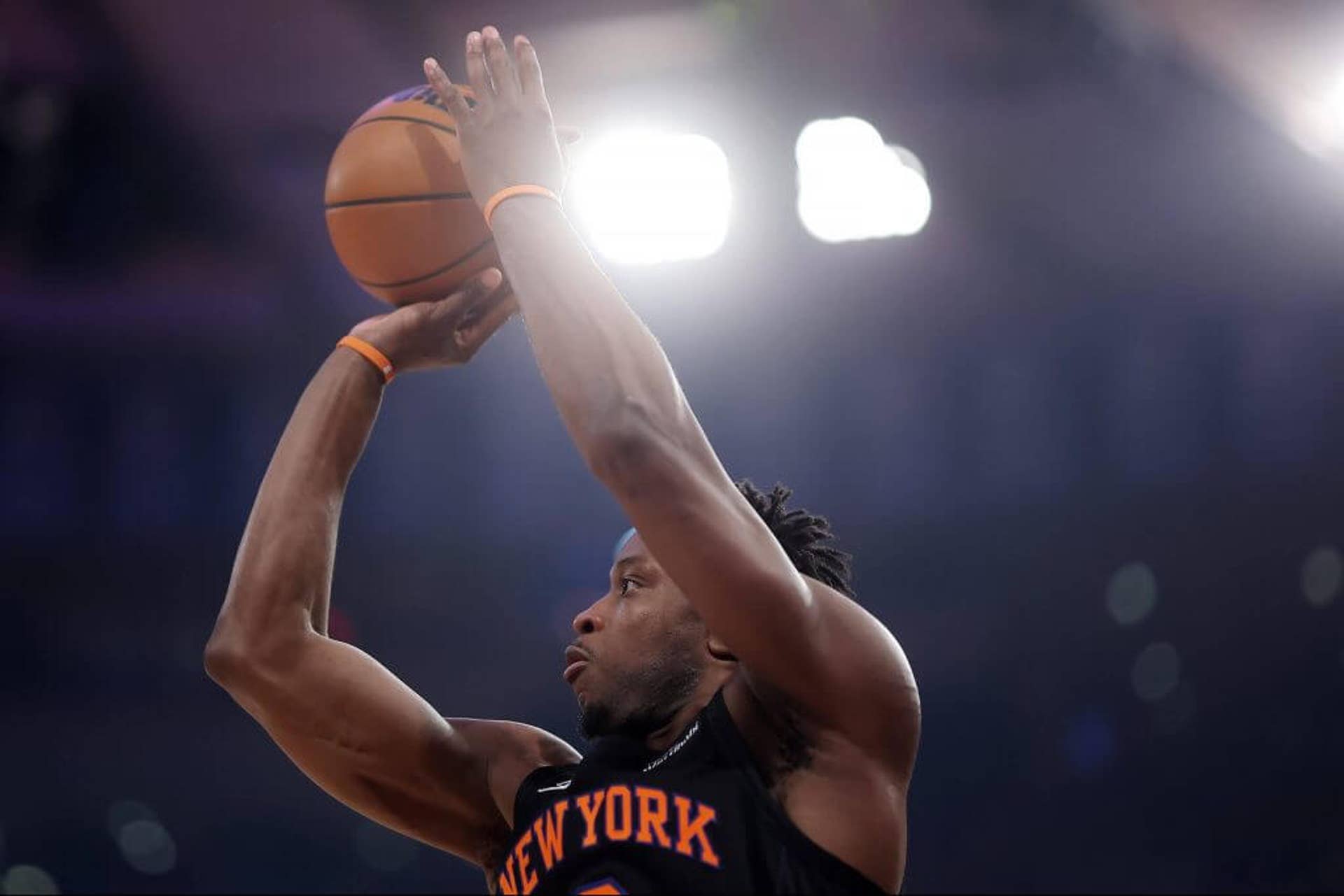 OG Anunoby attempts a three-point basket against the Philadelphia 76ers in Game 2.