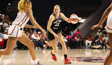 WASHINGTON, D.C. - MAY 10: Marine Johannes #23 of the New York Liberty handles the ball during the game against the Washington Mystics on May 10, 2026 at CareFirst Arena in Washington, D.C. NOTE TO USER: User expressly acknowledges and agrees that, by downloading and or using this photograph, User is consenting to the terms and conditions of the Getty Images License Agreement. Mandatory Copyright Notice: Copyright 2026 NBAE (Photo by Kenny Giarla/NBAE via Getty Images)