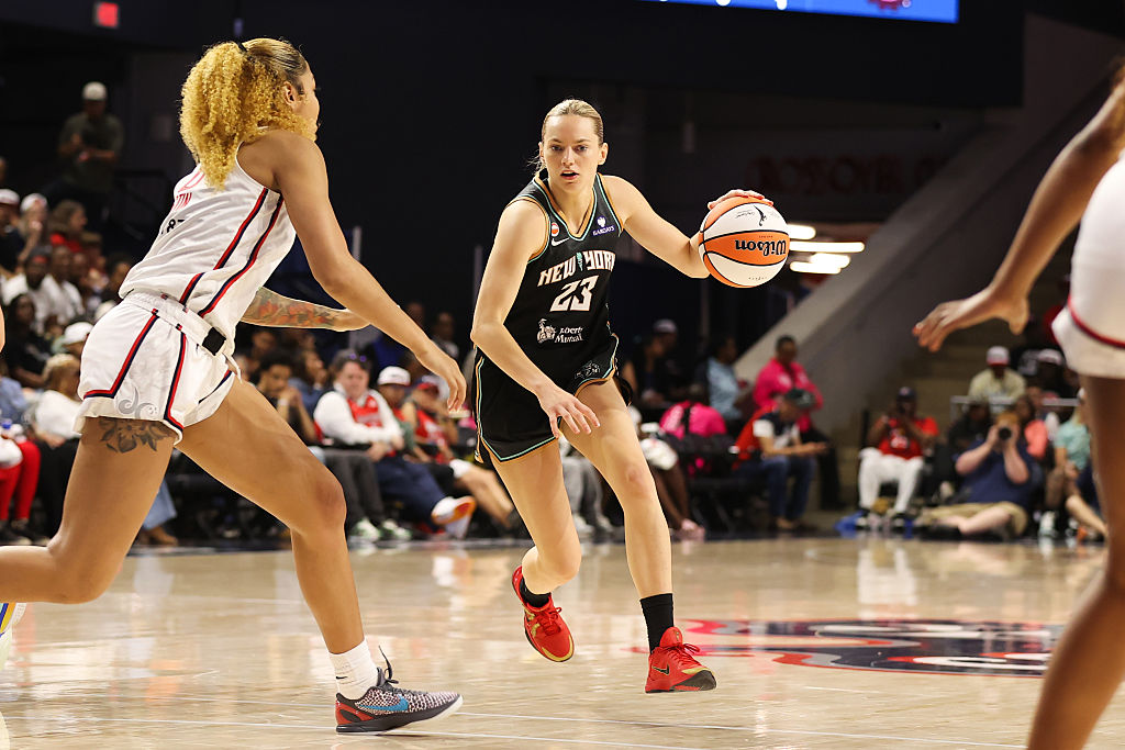 WASHINGTON, D.C. - MAY 10: Marine Johannes #23 of the New York Liberty handles the ball during the game against the Washington Mystics on May 10, 2026 at CareFirst Arena in Washington, D.C. NOTE TO USER: User expressly acknowledges and agrees that, by downloading and or using this photograph, User is consenting to the terms and conditions of the Getty Images License Agreement. Mandatory Copyright Notice: Copyright 2026 NBAE (Photo by Kenny Giarla/NBAE via Getty Images)