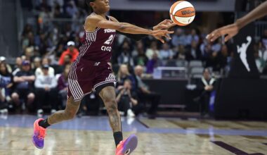 TORONTO, ON - MAY 13 - Brittney Sykes #20 of the Toronto Tempo makes a pass as the Toronto Tempo win their first game in franchise history with a 86-73 win over the Seattle Storm at Coca-Cola Coliseum in Toronto. May 13, 2026. Steve Russell/Toronto Star (Steve Russell/Toronto Star via Getty Images)