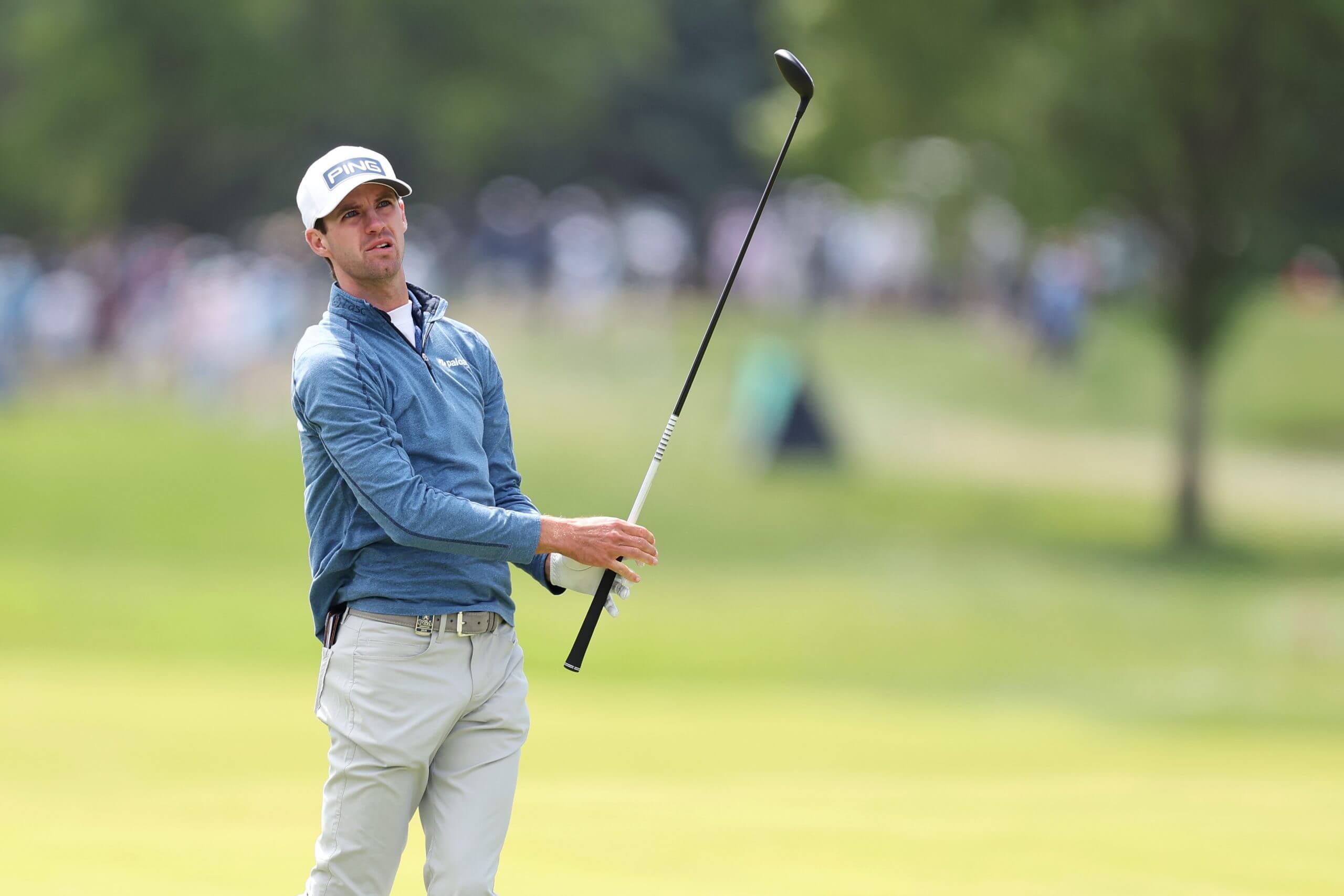 Alex Smalley watches his ball flight after a swing during the second round of the PGA Championship.