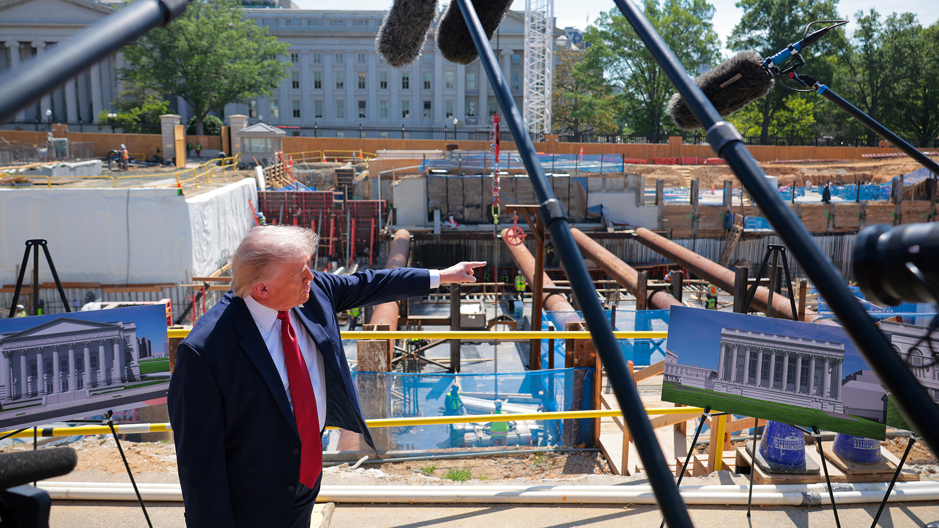 WASHINGTON, DC - MAY 19: U.S. President Donald Trump speaks to the media alongside posters of his proposed White House ballroom amid construction at the White House on May 19, 2026 in Washington, DC. The Senate parliamentarian ruled this week that taxpayer funds in the budget reconciliation package cannot be used for a $1 billion provision intended to fund security for Trump’s White House ballroom. (Photo by Chip Somodevilla/Getty Images)