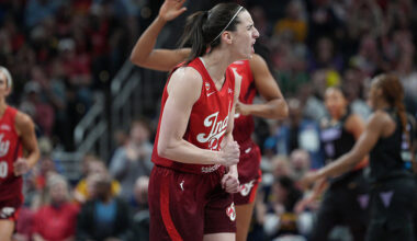 INDIANAPOLIS, IN - MAY 22: Caitlin Clark #22 of the Indiana Fever celebrates during the game against the Golden State Valkyries on May 22, 2026 at the Gainbridge Fieldhouse in Indianapolis, Indiana. NOTE TO USER: User expressly acknowledges and agrees that, by downloading and or using this Photograph, user is consenting to the terms and conditions of the Getty Images License Agreement. Mandatory Copyright Notice: Copyright 2026 NBAE (Photo by A.J. Mast/NBAE via Getty Images)
