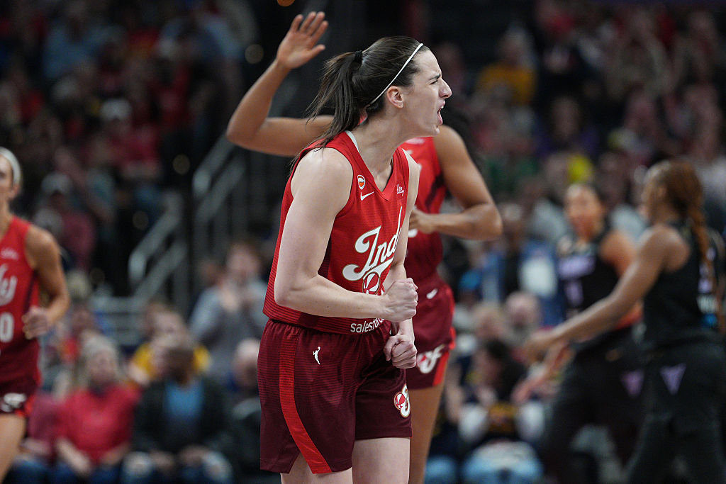 INDIANAPOLIS, IN - MAY 22: Caitlin Clark #22 of the Indiana Fever celebrates during the game against the Golden State Valkyries on May 22, 2026 at the Gainbridge Fieldhouse in Indianapolis, Indiana. NOTE TO USER: User expressly acknowledges and agrees that, by downloading and or using this Photograph, user is consenting to the terms and conditions of the Getty Images License Agreement. Mandatory Copyright Notice: Copyright 2026 NBAE (Photo by A.J. Mast/NBAE via Getty Images)
