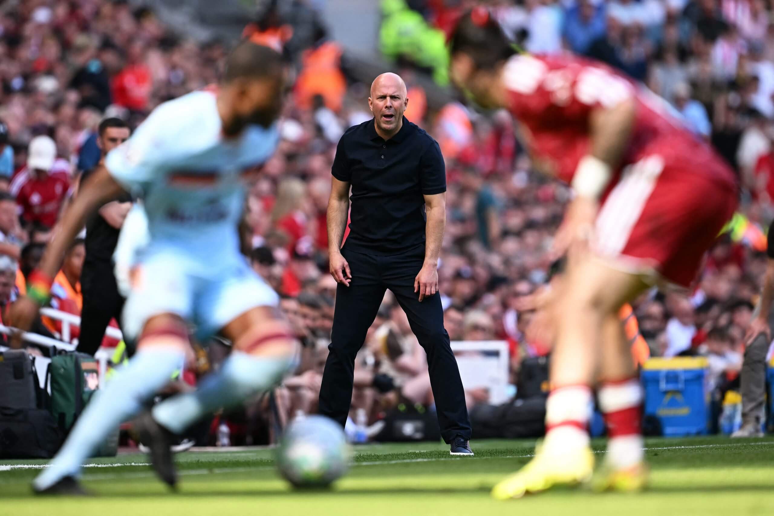 Liverpool's Dutch manager Arne Slot reacts during the English Premier League football match between Liverpool and Brentford