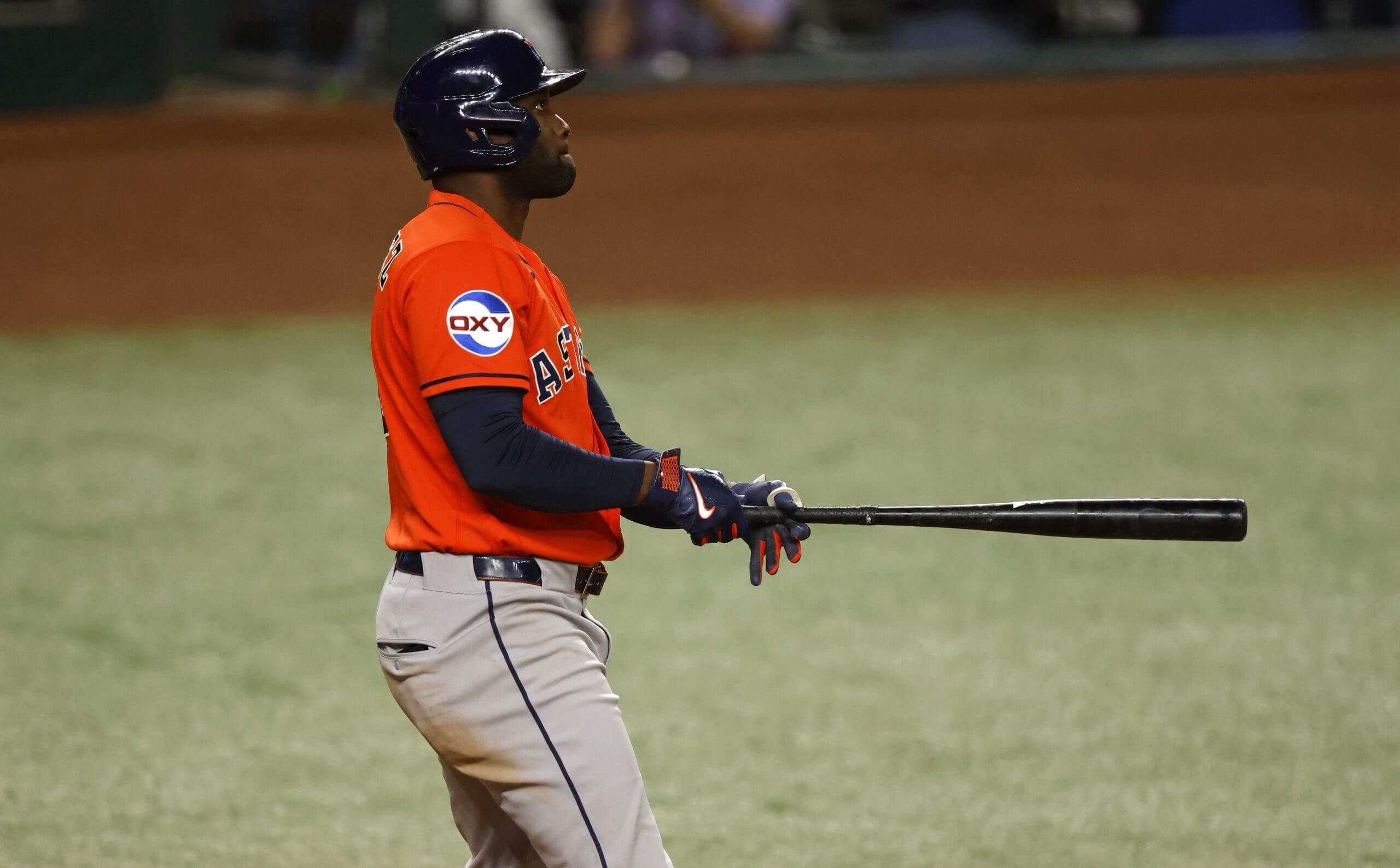 Yordan Alvarez follows the flight of one of his home runs May 27. 2026.