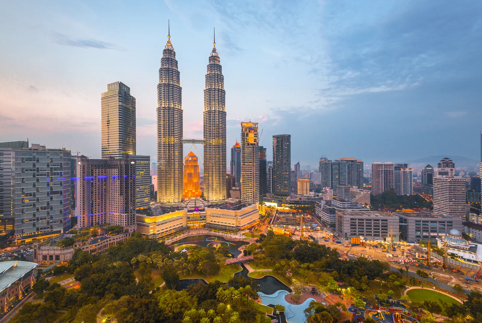 A view of the twin buildings of the Petronas Towers in Kuala Lumpur, Malaysia.