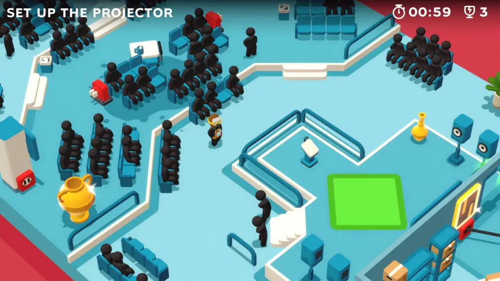 The player in a giant blue room in Good Job.
