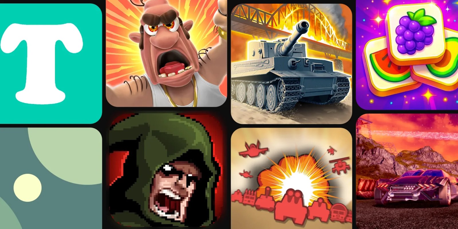 A collage of images of a tank and a cartoon character