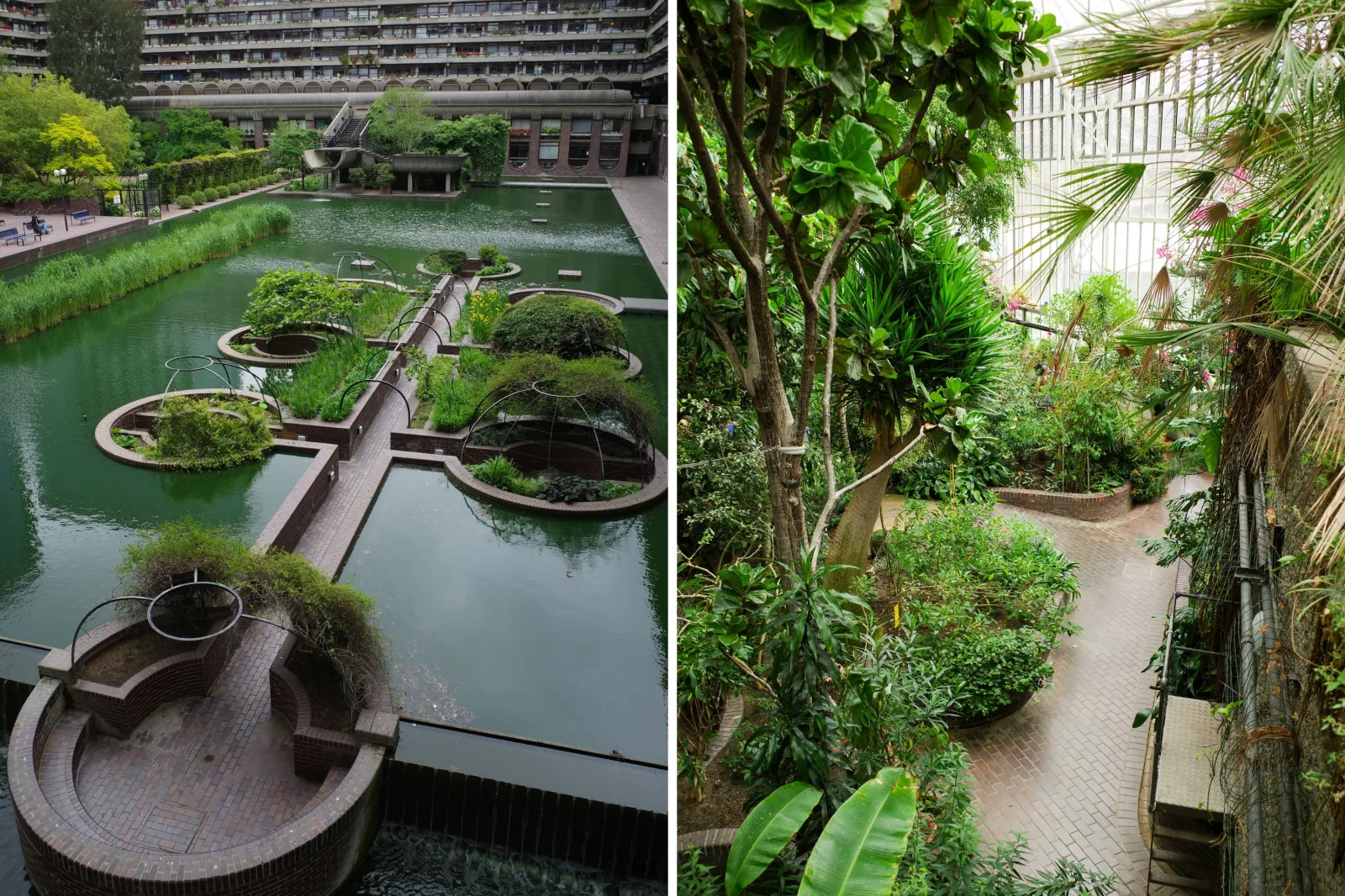 A view of one of the Barbican lakes with the “igloos” and half-pipe fountain (left); the Barbican Conservatory 1 (right).