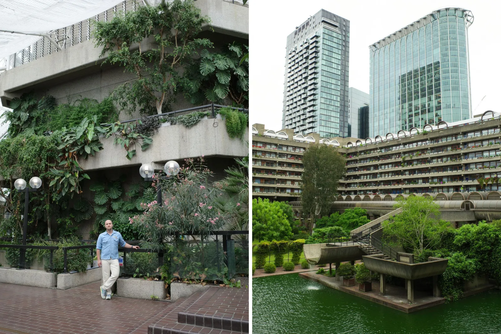 Luke Kaluzny at the Barbican Conservatory (left); the lake and half pipe fountain at the Barbican (right).