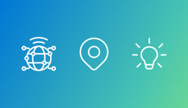 Three minimalist white line icons on a blue-to-green gradient background: a connected globe with signal waves (left), a map location pin (center), and a lightbulb with rays (right), representing connectivity, location, and ideas.