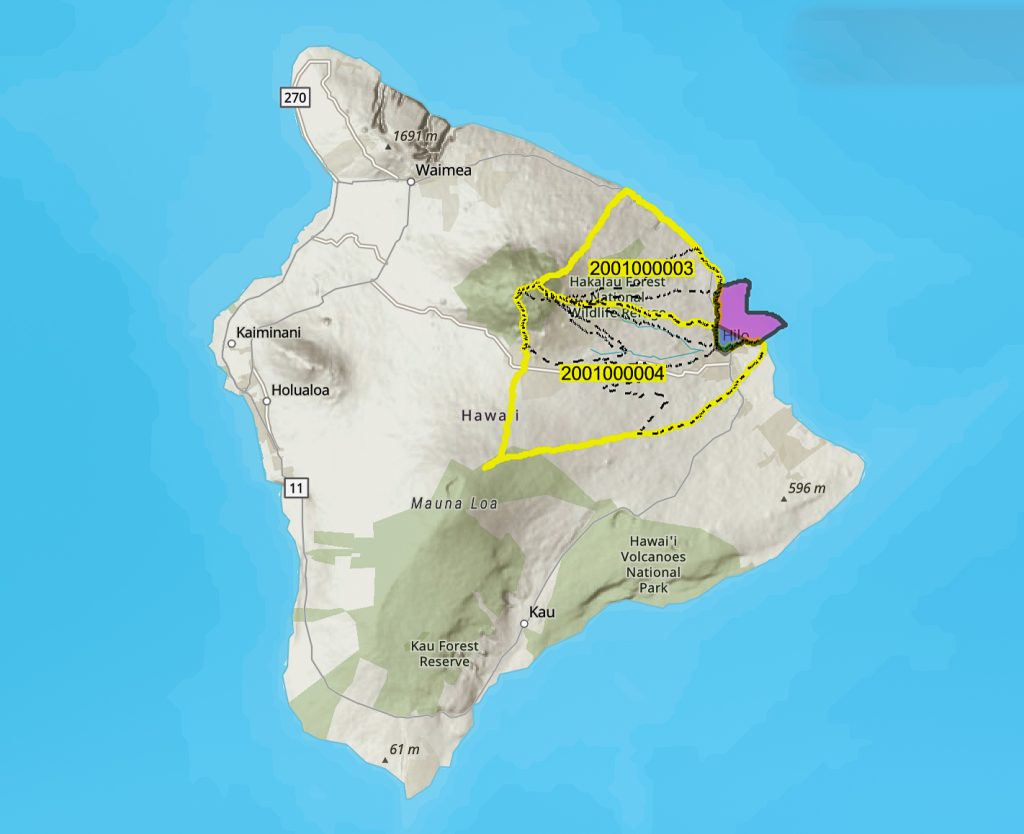 The Hilo Bay watershed, the largest in the state, covers about 470 square miles from the summits of Mauna Kea and Mauna Loa to the sea. Map: County of Hawaiʻi 
