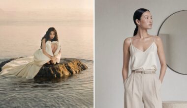 On the left, a woman in a flowing white dress sits on a small rock in calm water. On the right, a woman in a silky cream camisole and beige pants stands indoors near a round mirror, looking to the side.