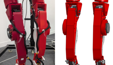 Two side-by-side images of red, 3D-printed humanoid robot legs. The left side shows a photo of the actual legs whereas the right side shows a concept design.