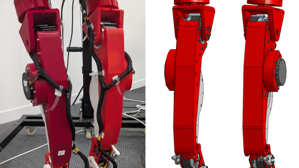 Two side-by-side images of red, 3D-printed humanoid robot legs. The left side shows a photo of the actual legs whereas the right side shows a concept design.