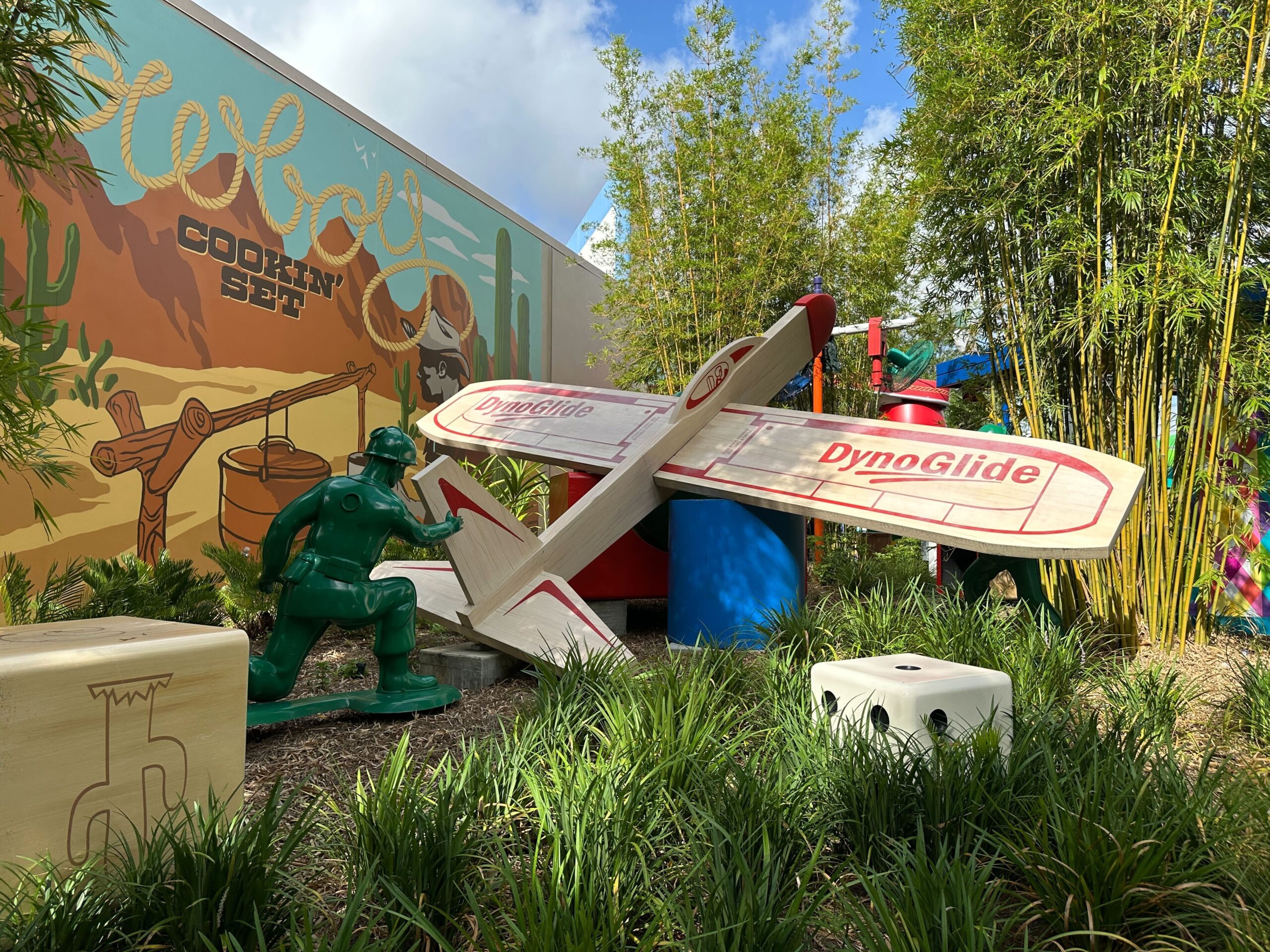 Glider at Toy Story Land beginning to show signs of natural weathering and aging at Hollywood Studios