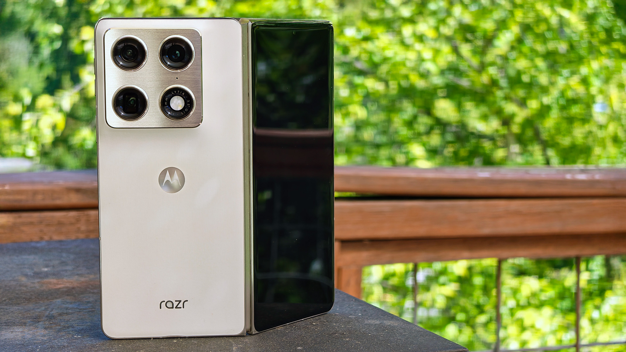 The back of the unfolded white Motorola Razr Fold 2026