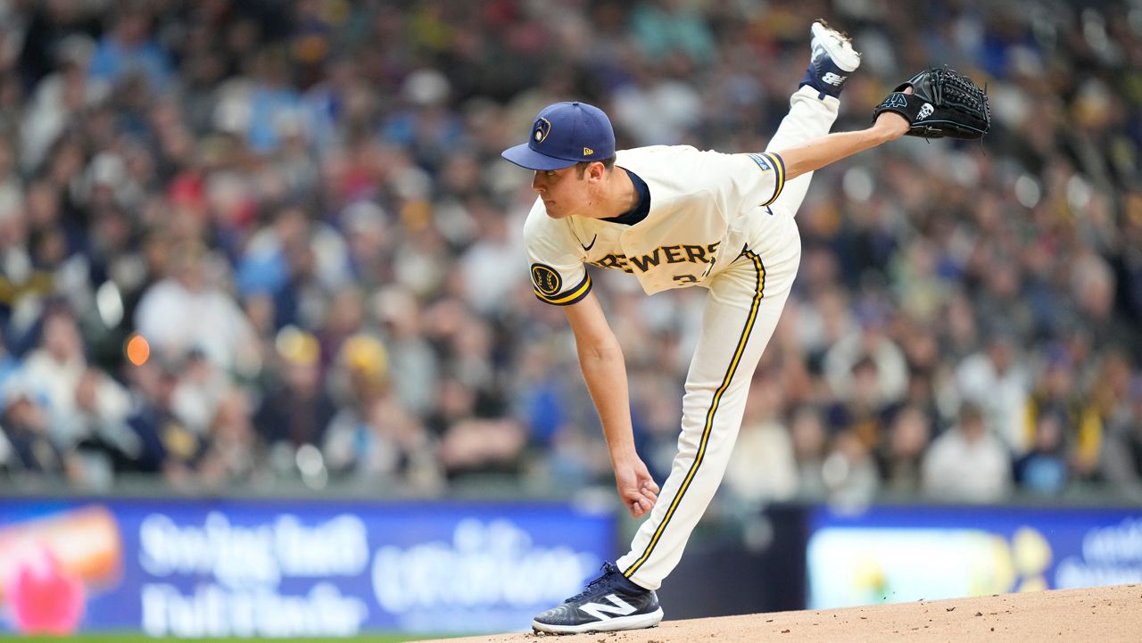 Milwaukee Brewers pitcher Jacob Misiorowski throws during the first inning of an opening-day baseball game against the Chicago White Sox, Thursday, March 26, 2026, in Milwaukee.