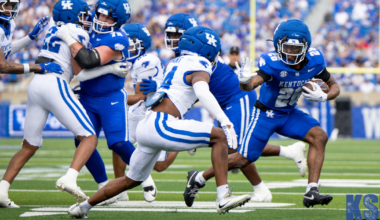 Jason Patterson gives Ty Bryant a stiff arm at the Kentucky Spring Game, via Crawford Ifland, KSR
