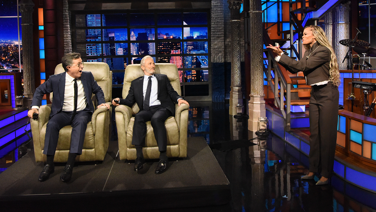 Stephen Colbert, Jon Stewart and Andra Day on 'The Late Show.'