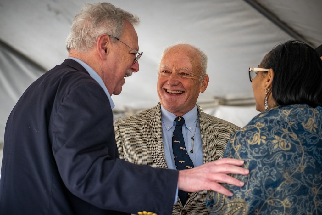 Caleb Gould, center, of Gould Property Company, talks with Senator Jim Rosapepe and House Speaker Joseline Peña-Melnyk at a ceremonial groundbreaking as Konterra Realty and Gould Property Company begin construction of the downtown of Konterra, a much-anticipated 1,400-acre, mixed-use, walkable community taking shape along the I-95 corridor at the meeting point of Anne Arundel, Montgomery, Prince George’s and Howard counties.