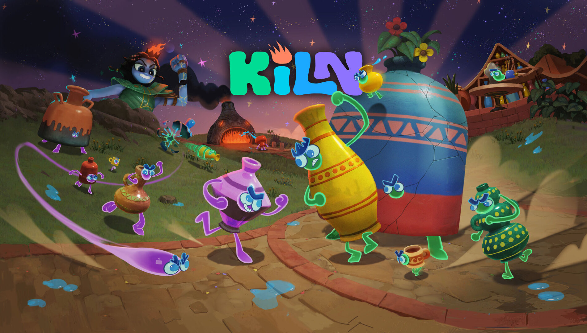 Kiln key art showing animated ceramic pots and vases with expressive faces dancing and running through a whimsical nighttime village scene. A glowing kiln furnace burns in the background beneath a starry sky, while the vibrant Kiln logo appears at the top center.